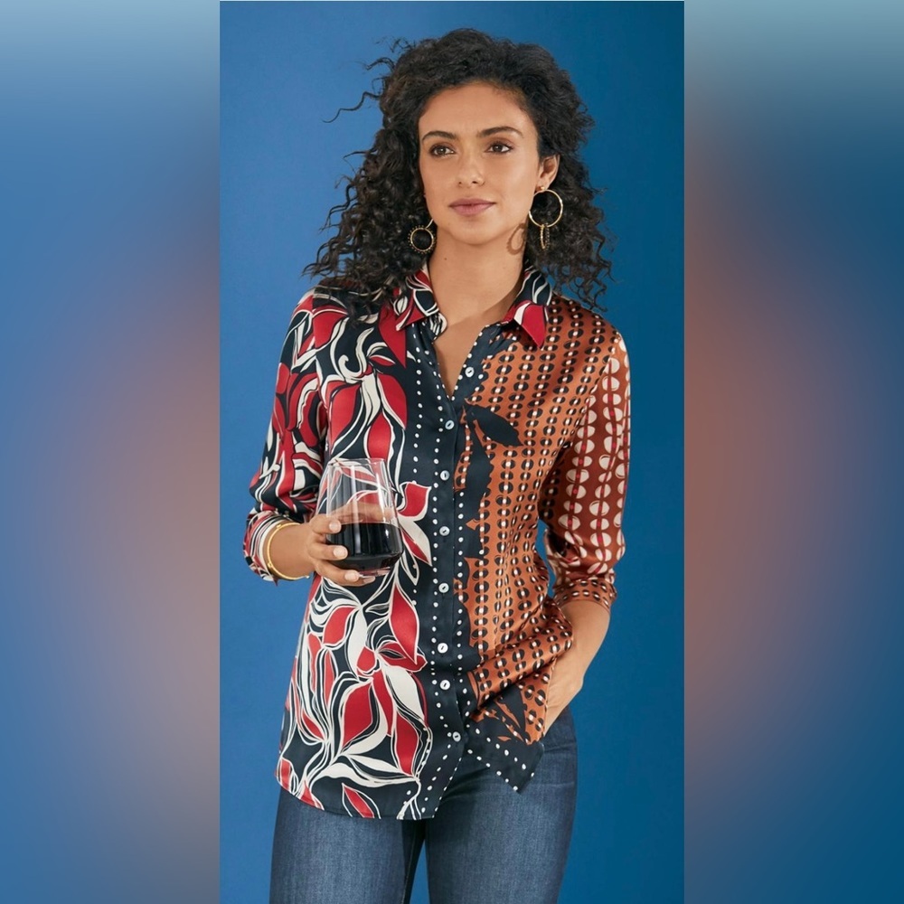 SOFT SURROUNDINGS Tigris Silk Geo floral blouse SIZE: Small